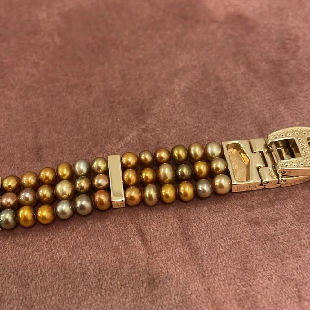 Gold Tone Three Strand Bracelet with Cultured Pearls and Rhinestones